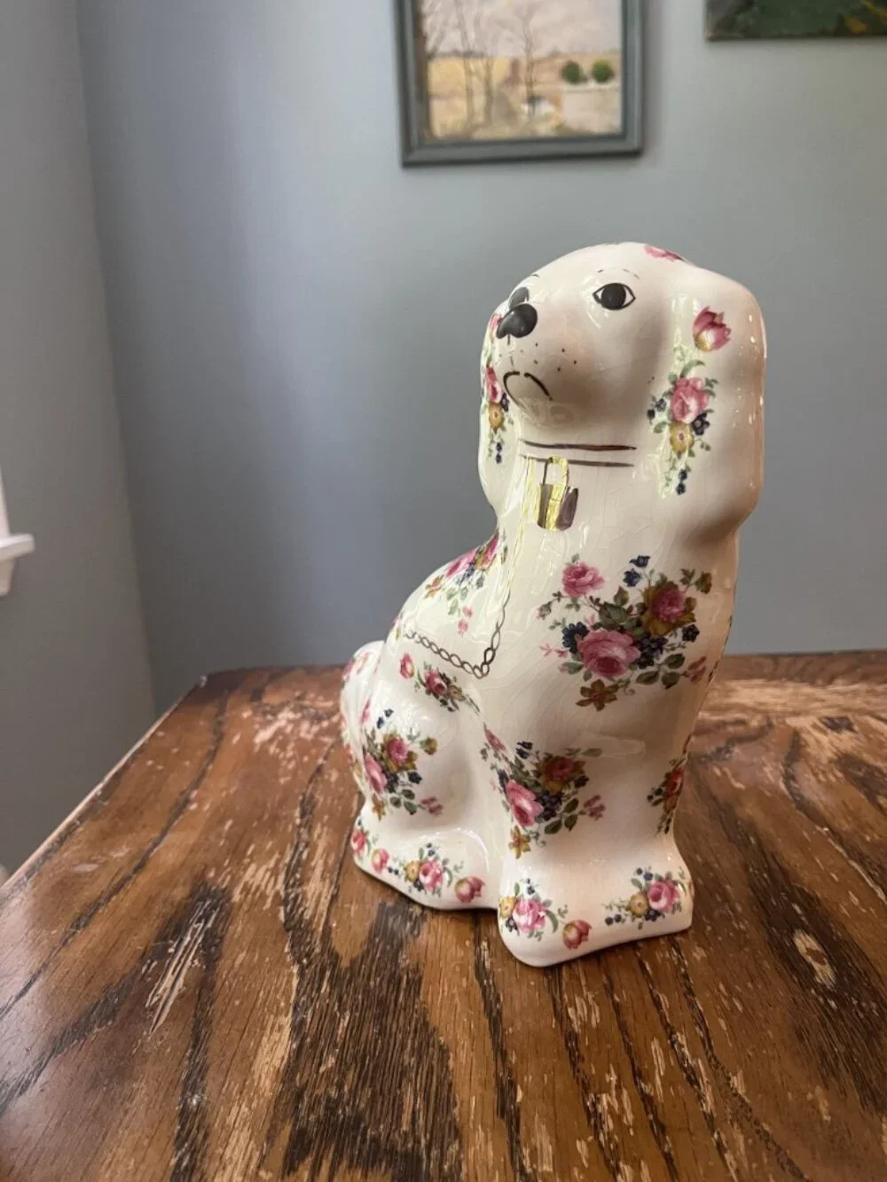 Vintage Large Rose Chintz Staffordshire Spaniel Dog Figurine - English Country D